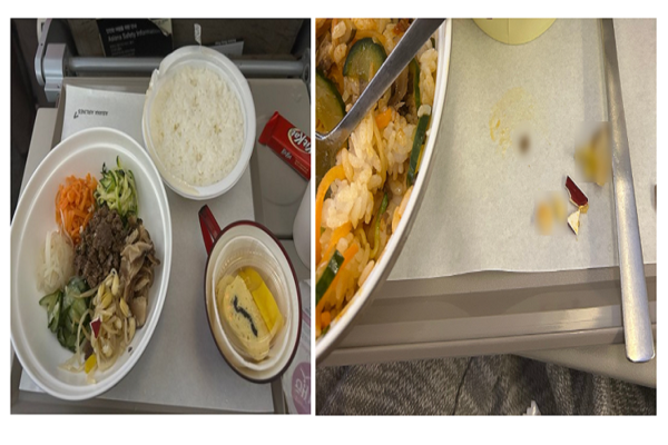 아시아나항공 이용 승객이 기내석으로 제공된 비빔밥을 먹던 중 치아 3개가 손상되는 부상을 입었다. 승객 A씨는 이같은 사실을 네이버 커뮤니티에 올리고 기내식에 있던 커피잔 파편으로 추정되는 이물질을 인증했다. 사진=네이버 커뮤니티 글 갈무리 