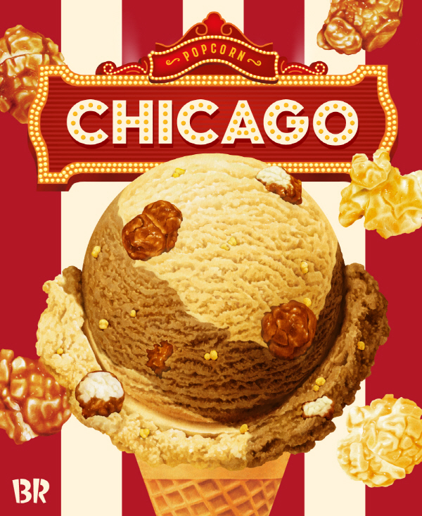 ‘시카고 팝콘’은 달콤한 캐러멜 아이스크림과 은은한 체다 치즈 아이스크림이 조화를 이루는 플레이버다. 사진=SPC 배스킨라빈스 제공