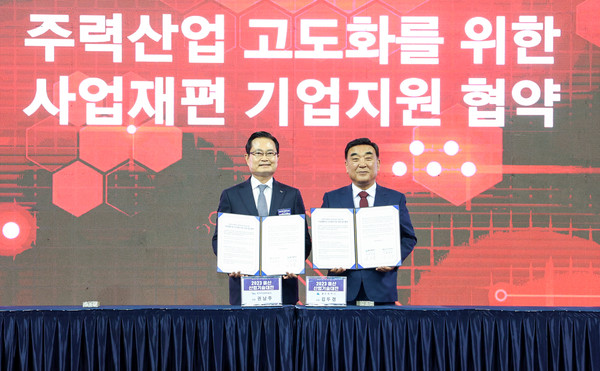 (왼쪽부터) 14일 울산 산업기술대전서 마련된 '미래산업 재편과 경영정상화 지원을 위한 사업재편 및 구조개선기업 지원 업무협약' 체결식에서 권남주 한국자산관리공사 사장과 김두겸 울산광역시장이 기념 촬영을 하는 모습. 사진=한국자산관리공사 제공