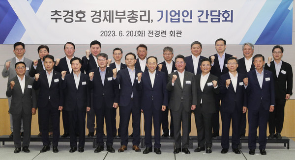 추경호 경제부총리(앞줄 왼쪽 여섯번째)를 비롯한 주요 기업인들이 20일 전경련회관 컨퍼런스센터에서 열린 '추경호 부총리-기업인 정책간담회'에 참석해 기념촬영을 하고 있다. 사진=전경련 제공