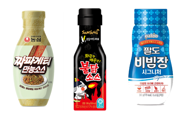 (왼쪽부터) 농심 ‘짜파게티 만능소스‘, 삼양라면 ‘불닭소스‘, 팔도 ‘팔도비빔장‘ 제품. 사진=각사 제공
