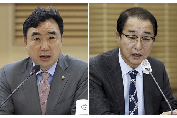 (왼쪽부터) 윤관석, 이성만 더불어민주당 의원이 송영길 당대표 후보 캠프 관계자에게 돈을 건넸다는 혐의 등으로 구속영장을 재청구받았다. 사진=연합뉴스 제공