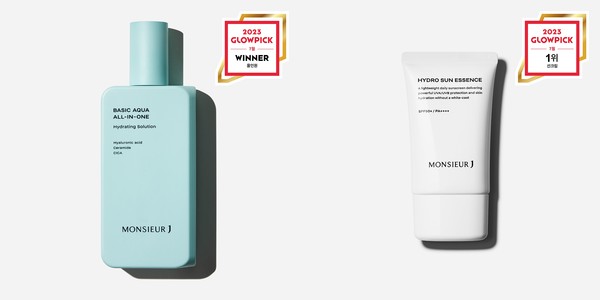 무슈제이의 베이직 아쿠아 올인원(왼쪽)과 하이드로 선 에센스. 사진=무슈제이 제공