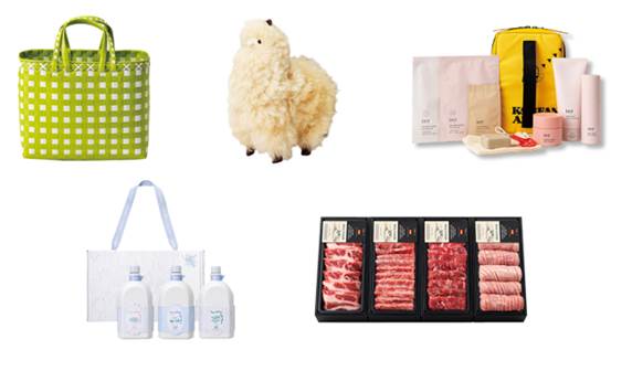 왼쪽 상단부터 시계방향으로 팔리 바스켓, 컴발리 알파카, 업사이클링 파우치, 우브에 세제세트, 이베리코 선물세트.(사진=한화 갤러리아)/서울와이어