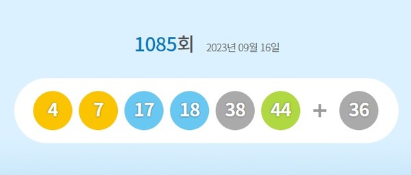 제1085회 로또 당첨번호.(사진=동행복권 홈페이지)/서울와이어