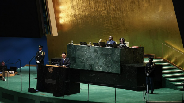 미국을 방문 중인 윤석열 대통령이 20일(현지시간) 뉴욕 유엔본부에서 열린 제78차 유엔총회에서 기조연설을 하고 있다. 사진=연합뉴스