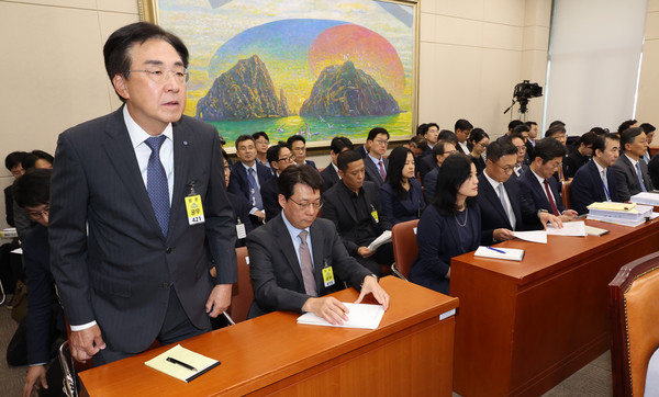 국정감사에서 홍원식 하이투자증권 대표(맨 왼쪽)가 올해 국회 정무위원회 국정감사에 출석해 프로젝트파이낸싱(PF) 꺾기 의혹과 부동산 부문 사장 아들회사 부당 지원 의혹에 대해 해명했다. 사진=연합뉴스 