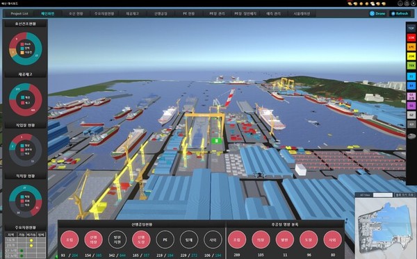한화오션은 조선사 최초로 드론을 활용한 야드 블록 모니터링 시스템을 구축, 생산현장 내 빅데이터를 수집해 문제 발생시 즉각적으로 대응하고 있다. 사진=한화오션 제공