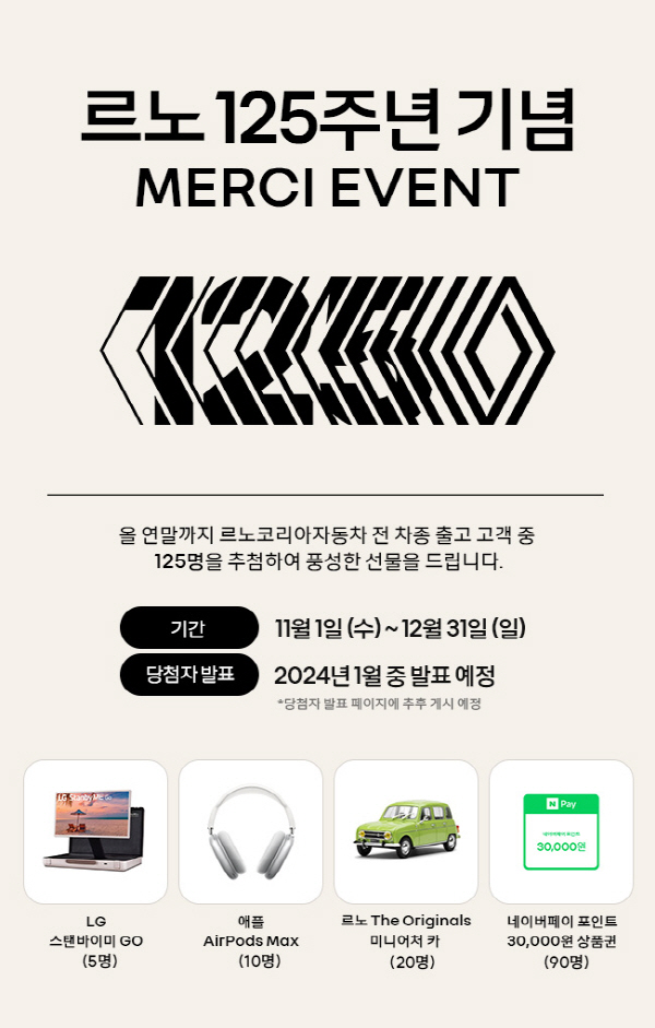 르노코리아자동차가 르노 125주년을 기념해 출고 고객중 총 125명을 추첨해 사은품을 증정한다. 사진=르노코리아자동차 제공
