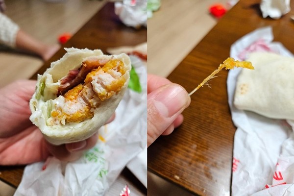 9일 보배드림에 햄버거를 먹다가 닭털이 나왔다고 밝힌 사진.(사진=보배드림)/서울와이어