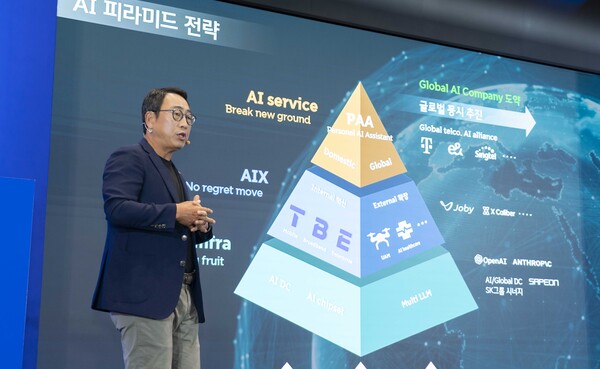2023년 AI 피라미드 전략을 발표하는 유영상 SKT 사장의 모습. 사진=SKT 제공