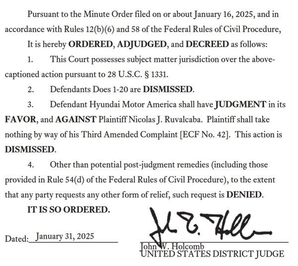 현지시간 1월 31일 현대차가 미국의 한 소비자로부터 중고차 품질 문제 손해배상 소송서 승소했다.(사진=미국 캘리포니아 중부 지방법원)