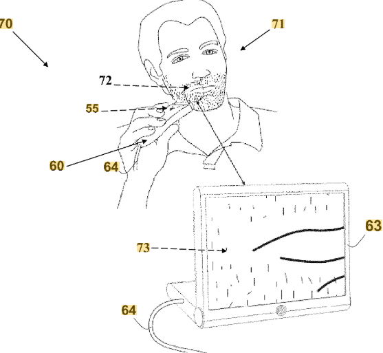 미국 특허번호 10,958,819의 특허 예시. 면도기에 카메라가 달려 화면에 표시하는 기능을 묘사한다. 사진=구글 특허