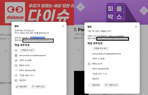 피플박스와 다이슈 채널에서 제휴 연락처에 나온 패스트뷰 도메인.(사진=유튜브 갈무리)