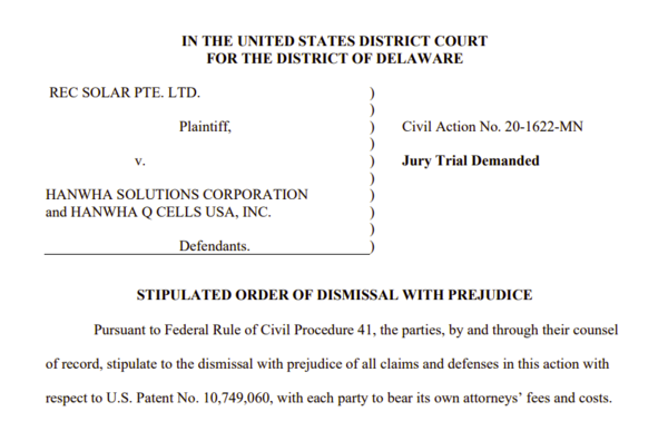 REC와 한화솔루션·한화큐셀 간 특허침해 소송 판결문 1면. 사진=미국 델라웨어 연방지방법원