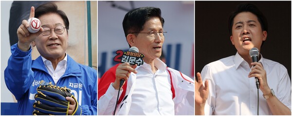 제21대 대통령 선거 사전투표 둘째 날인 30일 각 정당 대선 후보들이 수도권과 충청, 강원 지역을 돌며 막판 표심 잡기에 나선다. (왼쪽부터) 이재명 더불어민주당 대선 후보, 김문수 국민의힘 후보, 이준석 개혁신당 후보. 사진=연합뉴스 