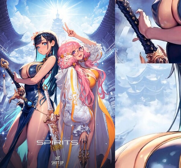 시프트업이 공개한 '프로젝트 스피릿' 이미지(왼쪽)와 AI가 그린 것으로 의심되는 부분(오른쪽). 사진=시프트업