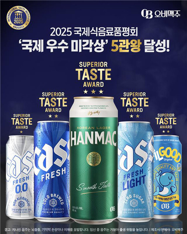 ‘2025 국제식음료품평회’에서 ‘국제 우수 미각상’을 수상한 카스, 한맥 등 총 5개 브랜드. 사진=오비맥주