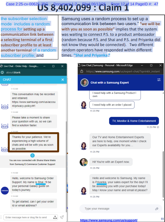 랜덤챗이 주장한 삼성전자의 고객 채팅 서비스. 사진=미국 텍사스주 동부 연방지방법원 