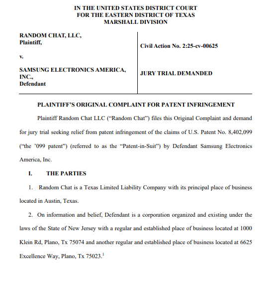 소송장 1면. 사진=미국 텍사스주 동부 연방지방법원