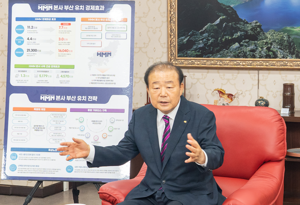 양재생 부산상공회의소 회장이 14일 부산상의에서 'HMM 본사 유치 경제효과 및 유치전략' 보고서 결과를 설명하고 있다. 사진=부산상공회의소