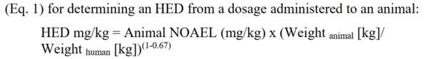 전임상 동물 기반 독성시험을 통해 도출된 '약물의 무관측 이상반응 용량(NOAEL)'에 기반해 '초기 인간 등가용량(HED)'을 산출하는 방법.(사진=미국 특허심판원 결정문 발췌)
