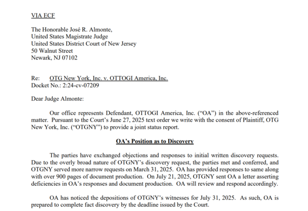 오뚜기 아메리카, OTG 뉴욕이 현지시간 7월 22일 제출한 공동 현황 보고서 중 일부. 사진=뉴저지 지방법원