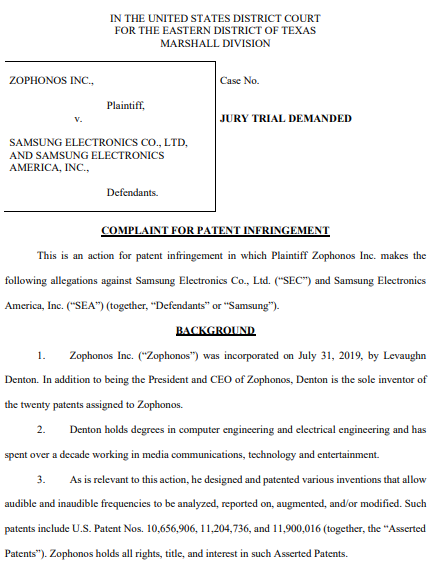 소송장 1면. 사진=텍사스주 동부 연방지방법원 마샬지부