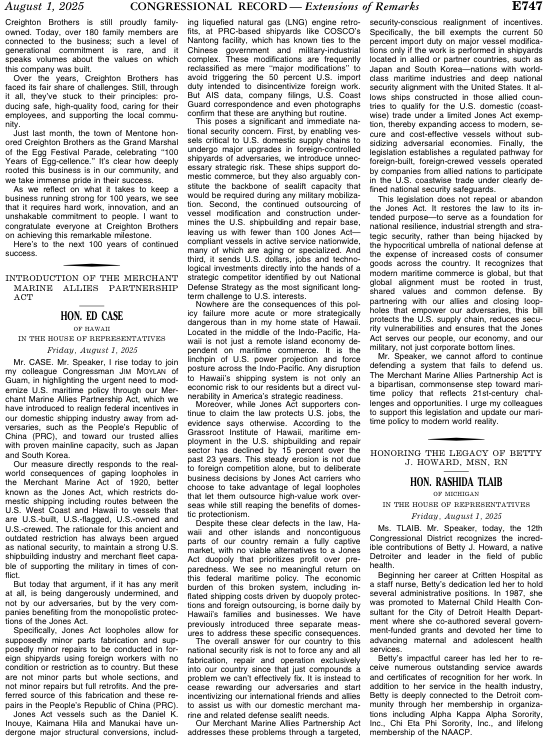 지난 1일 케이스 의원이 ‘Merchant Marine Allies Partnership Act’를 발의하며 동맹국 조선소에 대한 관세 면제와 연안 운항 허용 조항을 제안했다. 자료=미 연방 하원 회의록
