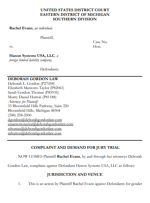 레이첼 에반스가 제출한 소송장 1면. 사진=미시간주 동부 지방법원 남부지원