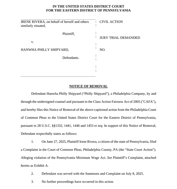 이관 신청서(Notice of Removal) 본문 1페이지. 자료=미 동부펜실베이니아 연방지방법원