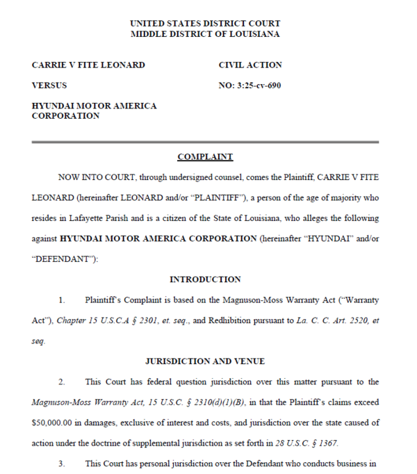 소송장 1면. 사진=루이지애나주 중부 지방법원