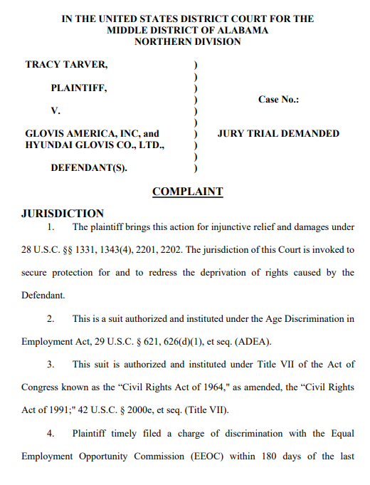 소송장 1면. 사진=미국 앨라배마주 중부 지방법원 북부지원