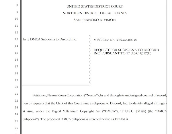 현지시간 11일 넥슨이 디스코드를 상대로 DMCA 소환장 발부를 신청했다. 사진=캘리포니아 북부 지방법원