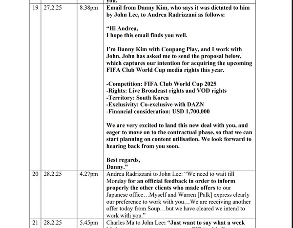 DAZN이 쿠팡을 FIFA 클럽월드컵 2025 한국 중계권을 놓고 벌인 항소심에서 증거로 나온 메시지 중 일부. 사진=영국 왕립 항소법원