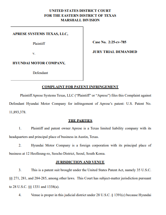 소송장 1면. 사진=텍사스주 동부 지방법원 마샬지원