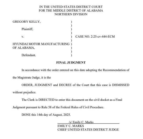 현지시간 14일 앨라배마 중부 지방법원은 현대자동차 미국 앨라배마 공장을 상대로 제기한 소송을 본안 심리 없이 각하했다. 사진=앨라배마 중부 지방법원