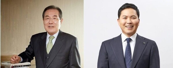 (왼쪽부터) 윤동한 콜마그룹 회장, 윤상현 부회장. 두 사람은 경영권 갈등 속 최근 서울 모처에서 만난 것으로 전해졌다. 사진=연합뉴스