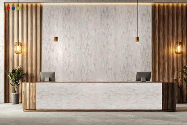 롯데케미칼 아리아 컬렉션 베일(Veil)이 적용된 인포데스크. 사진=롯데케미칼