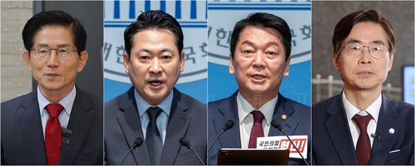 (왼쪽부터) 국민의힘 당권 레이스를 벌인 김문수 후보, 장동혁 후보, 안철수 후보, 조경태 후보. 22일 전당대회에서 김문수-장동혁 후보가 결선에 올랐다.. 사진=연합뉴스