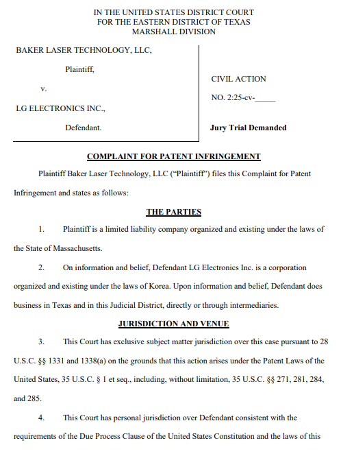베이커 레이저 테크놀로지의 소송장 1면. 사진=미 텍사스주 동부 지방법원 마샬지원