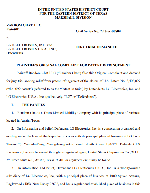 랜덤챗이 제기한 소송장 1면. 사진=미 텍사스주 동부 지방법원 마샬지원