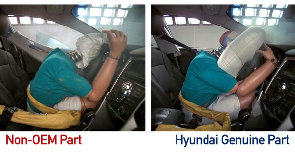 현대차 가짜 부품을 사용해 작동에 실패한 에어백(왼쪽)과 진짜 부품을 사용해 정상 작동하는 에어백. 사진=현대차