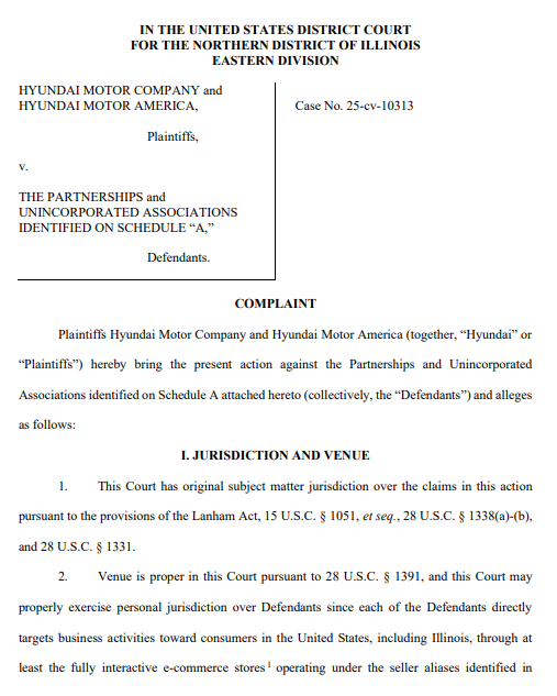 현대차가 제기한 소장 1면. 사진=미 일리노이주 북부 지방법원 동부지원