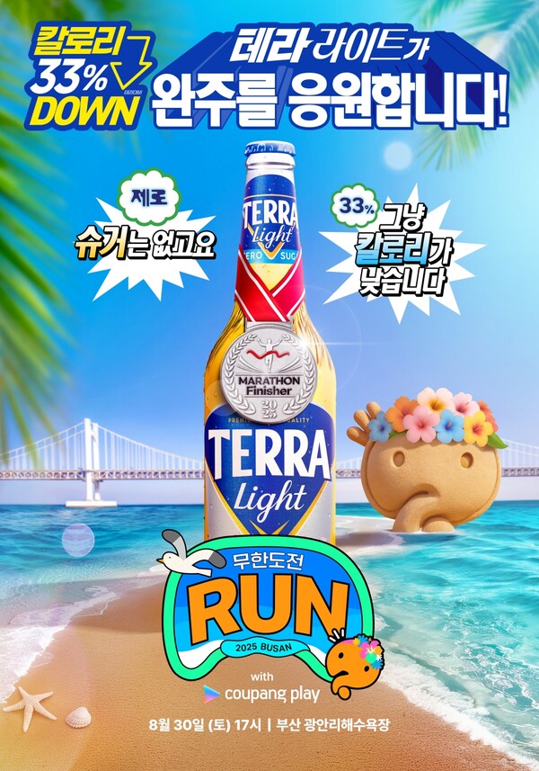하이트진로가 오는 30일 부산 광안리해수욕장에서 열리는 ‘무한도전 Run with 쿠팡플레이 in 부산’에 테라 라이트가 공식 협찬사로 참여한다. 사진=하이트진로