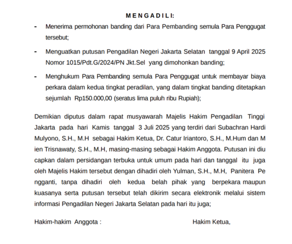 2심 판결문. 자료=인도네시아 자카르타 고등법원.