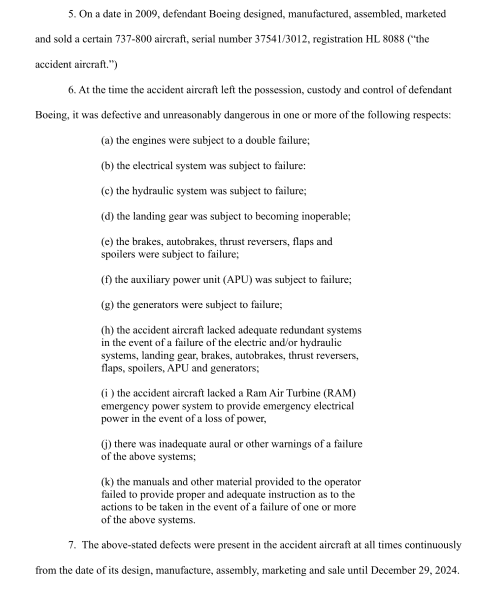 제주항공 7C2216편 추락 관련 소송장에 기재된 보잉 항공기 결함 항목. 엔진·유압·전기 등 주요 시스템의 동시 고장 가능성과 RAM Air Turbine 부재 등이 명시돼 있다. 사진=일리노이 북부 지방법원