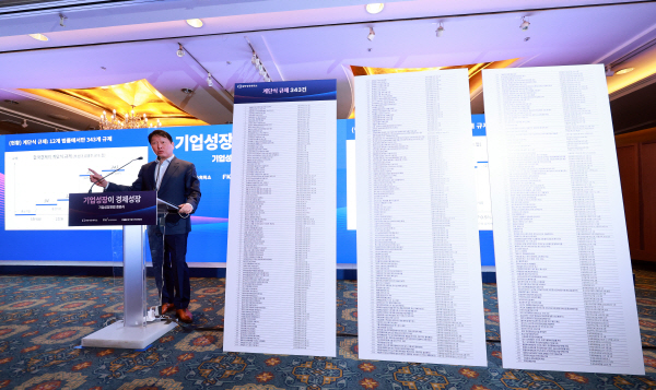 최태원 대한상공회의소 회장이 4일 서울 중구 롯데호텔 사파이어볼룸에서 대한상의·한국경제인협회·한국중견기업연합회가 연 기업성장포럼 출범식에 참석해 대형 패널을 직접 준비하고 규제 철폐를 강조하고 있다. 사진=연합뉴스