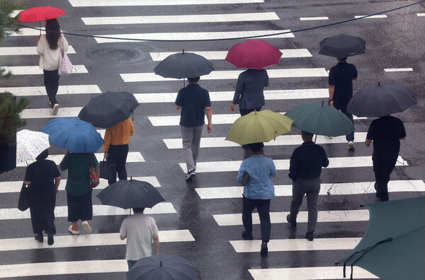 서울 을지로입구역 인근에서 시민들이 우산을 쓰고 길을 건너고 있다. 사진=연합뉴스