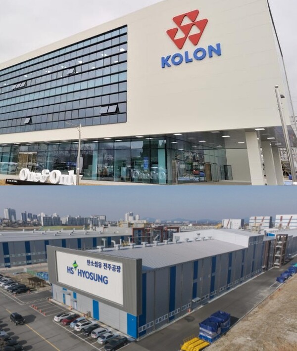 코오롱인더스트리 김천1공장 내 상생형 복합시설 ‘상생허브’(위)와 HS효성첨단소재 전주공장. 사진=코오롱인더스트리/HS효성첨단소재